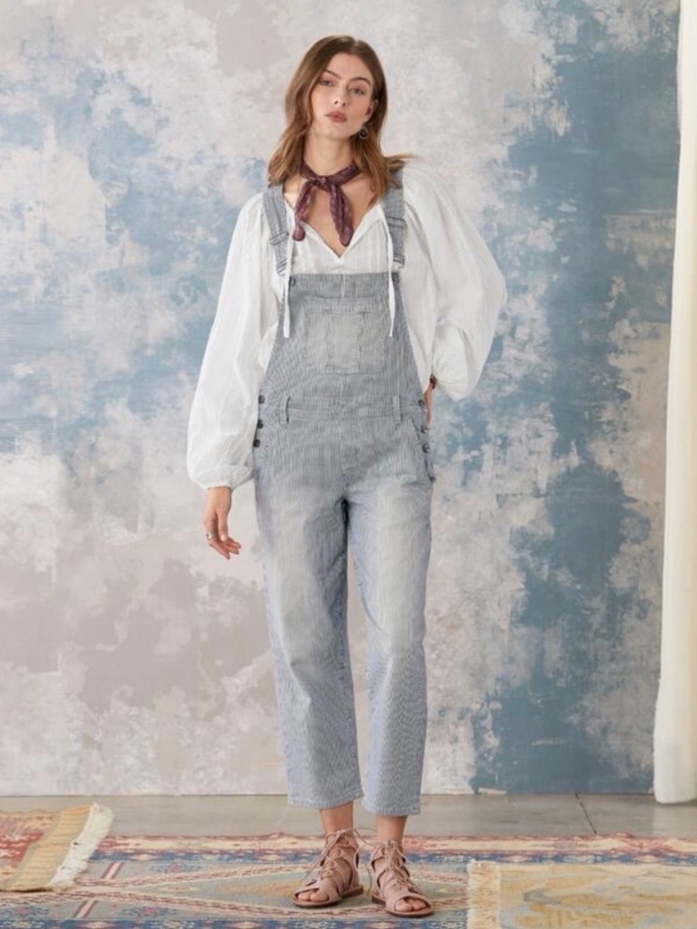 Driftwood Womens Overalls Blue Railroad Striped Denim Pockets Medium